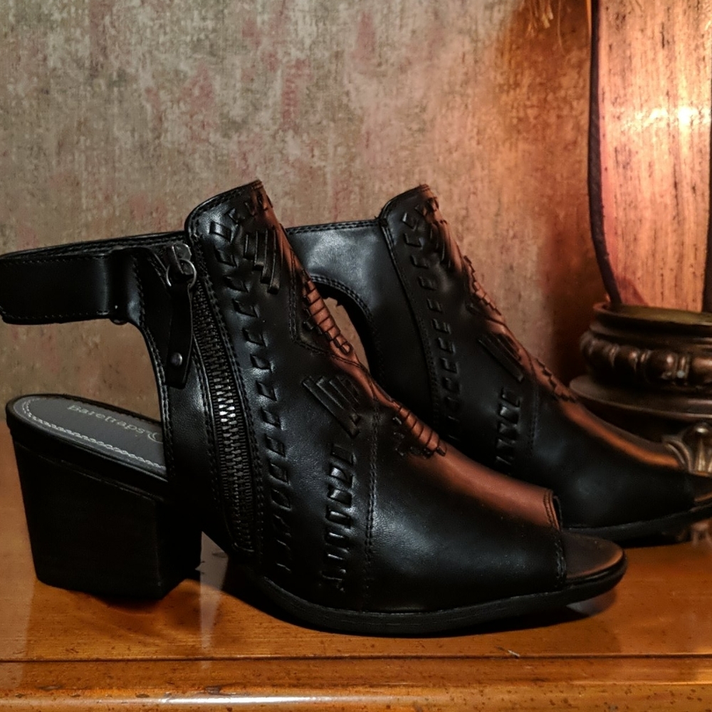 Black open toed and heeled booties